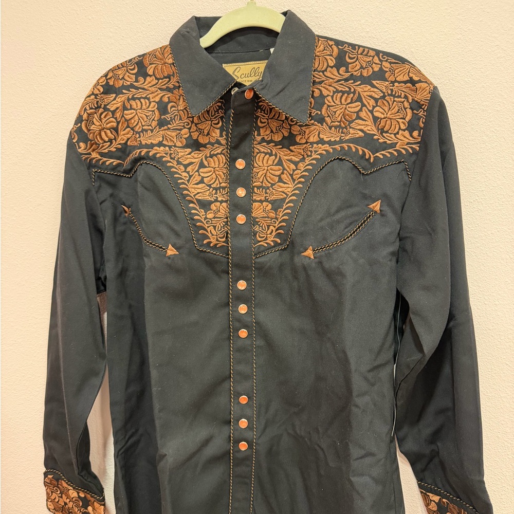 Scully Black Shirt with Brown Embroidery
